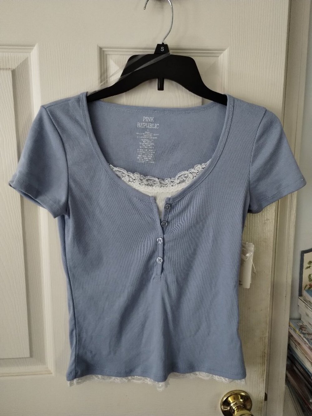 Pink Republic Girl's Blue with lace Short sleeve shirt,size - small,NWT